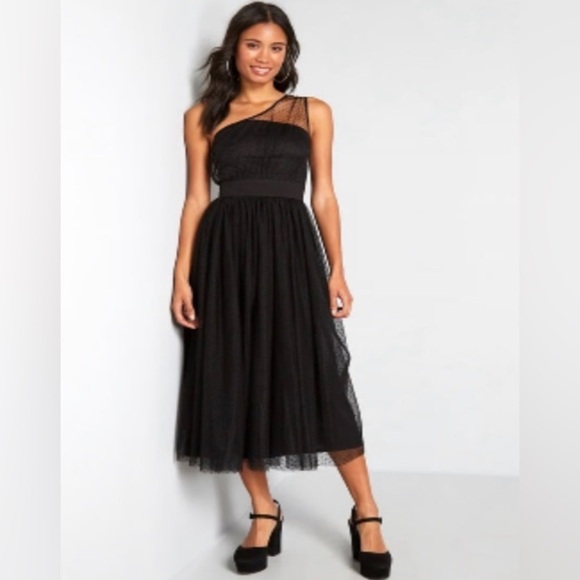 ModCloth One Shoulder Black Polka Dot Tulle Party Dress Size Small NWT - Picture 2 of 10